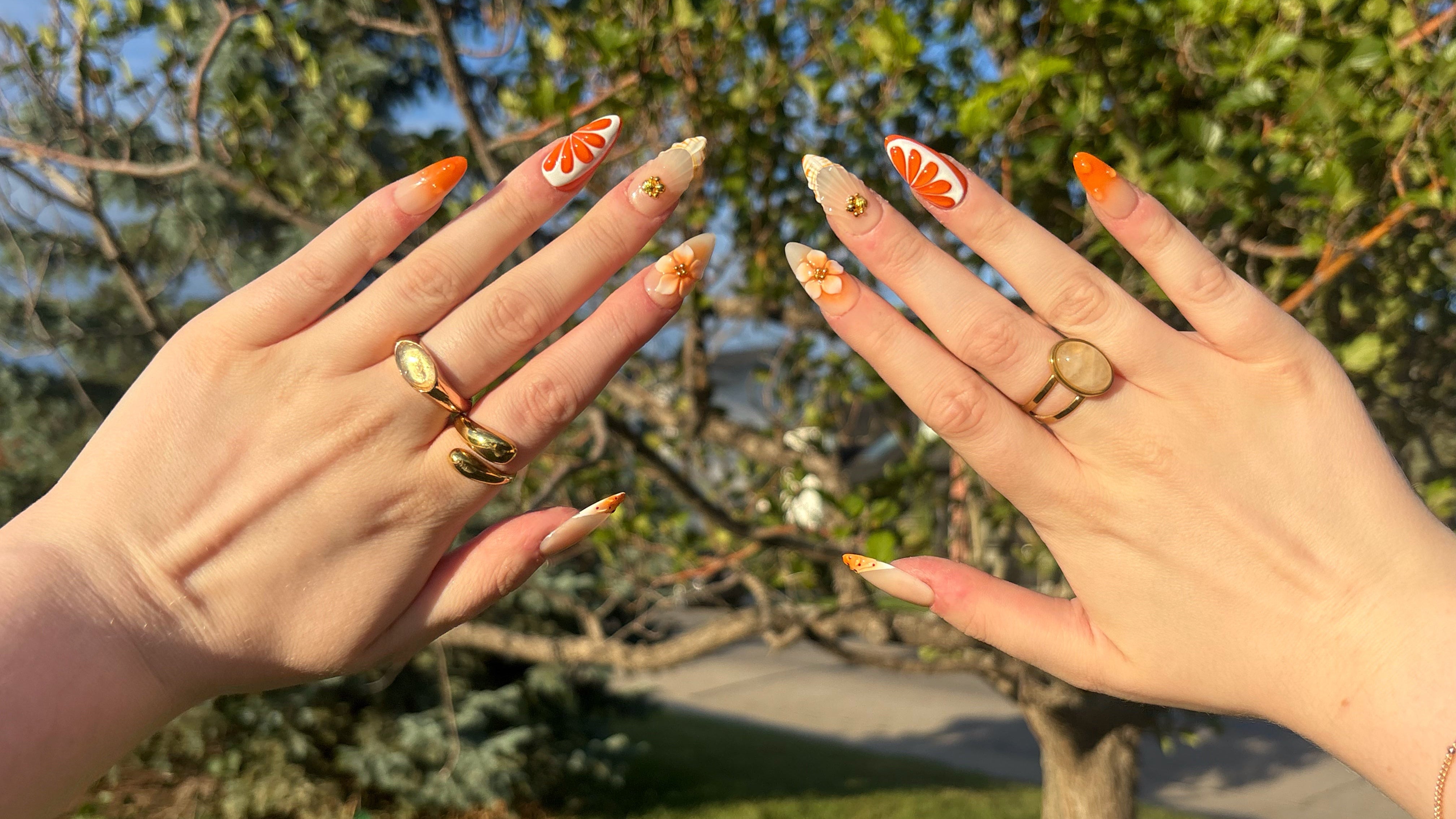 A pair of hands with long almond-shaped nails decorated with orange citrus slice and floral designs, wearing multiple gold rings, posed outdoors against a blurred background of green trees and grass.